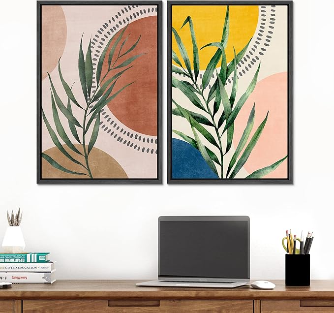 SIGNFORD Framed Canvas Print Wall Art Set Geometric Mid-Century Circle Plants Abstract Shapes Illustrations Modern Art Decorative Zen Bohemian for Living Room, Bedroom, Office - 24"x36"x2 Black