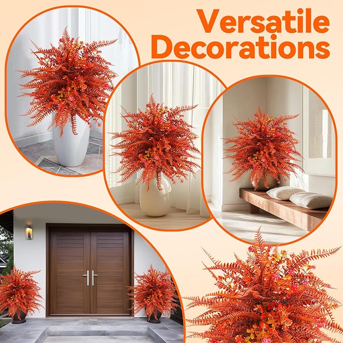Artificial Topiary Ball Trees with Ground Spikes UV Resistant Faux Greenery Shrubs Fake Shrubs for Outdoors, Realistic Faux Plants Bushes for Garden Porch Yard Patio Decor (Orange Fern)