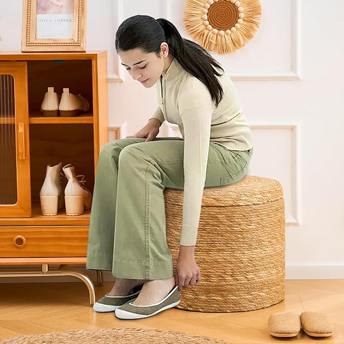 Wimarsbon 18'' Ottoman Pouf, Natural Braided Poof, Rustic Handweave Lounge Pouffe, Boho Footrest Stool for Bedroom, Accent Table for Living Room (Storage - 18inch Natural Cattail L)