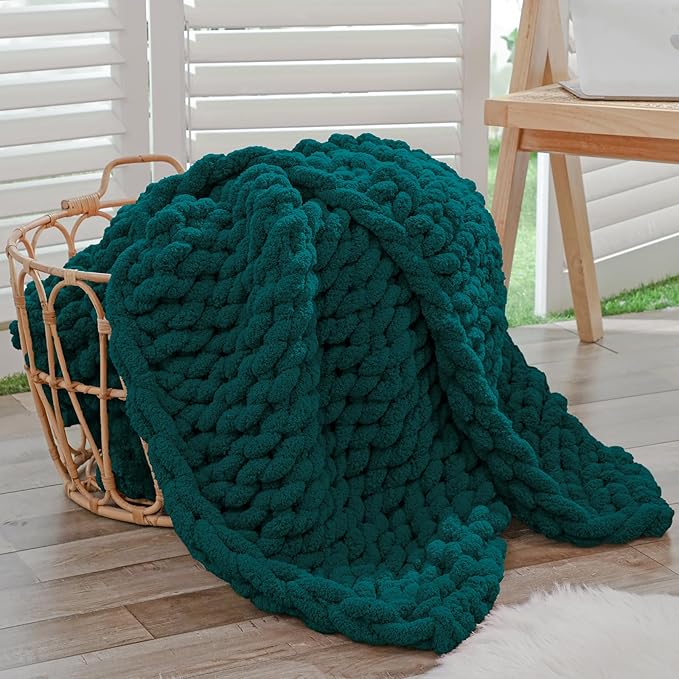 Bigacogo Chunky Knit Throw Blanket for Couch, 40x40 inches, 100% Hand Knitted with Thick Jumbo Chenille Yarn, Cozy Soft Large Rope Knot Cable Crochet Blankets for Sofa Bed Living Room, Dark Green
