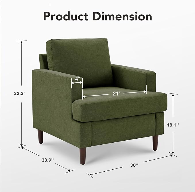 Mid-Century Accent Chair,Modern Linen Fabric Armchair for Living Room,Comfy Upholstered Reading Accent Chairs for Bedroom,Single Sofa Chair with Wood Legs (Green, 1 Pack)