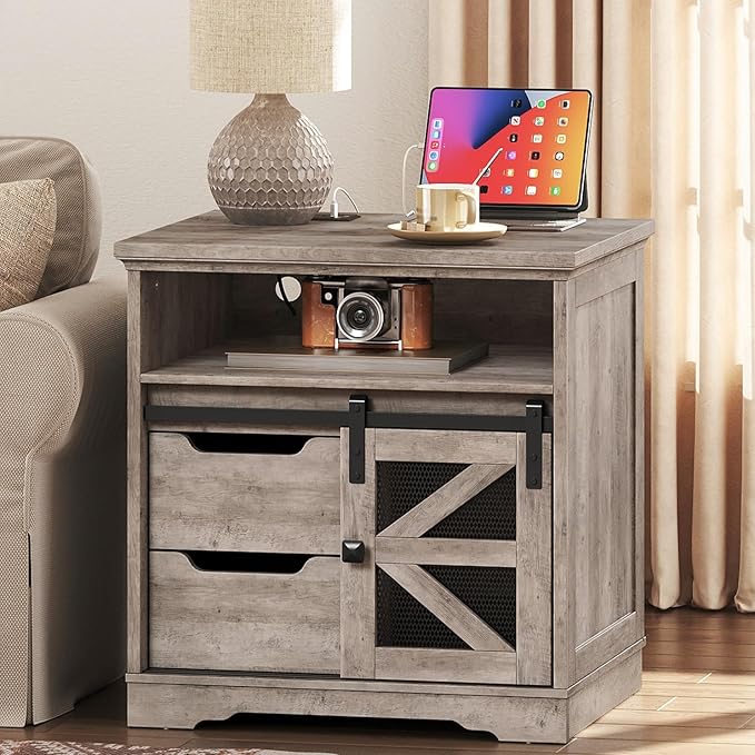 Farmhouse End Table with Charging Station, Sofa Side Table with 2 Drawers and Barn Door, Rustic Wooden Nightstand Bedside Table for Bedroom, Living Room, Greige