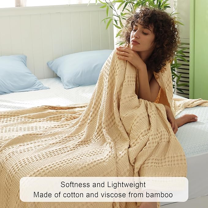 PHF Cooling Waffle Blanket King Size, Lightweight 60% Rayon Derived from Bamboo & 40% Cotton Breathable Blanket for Hot Sleepers, Soft and Luxury for Bed Couch and Sofa, 104"x90", Beige