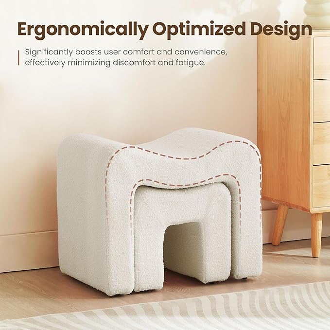 Small Footstool Ottoman Vanity Stool Chair Seating Backless Modern Foot Rest Teddy Velvet Ottoman Set for Makeup Room Living Room Bedroom Entryway,White (2-in-1)