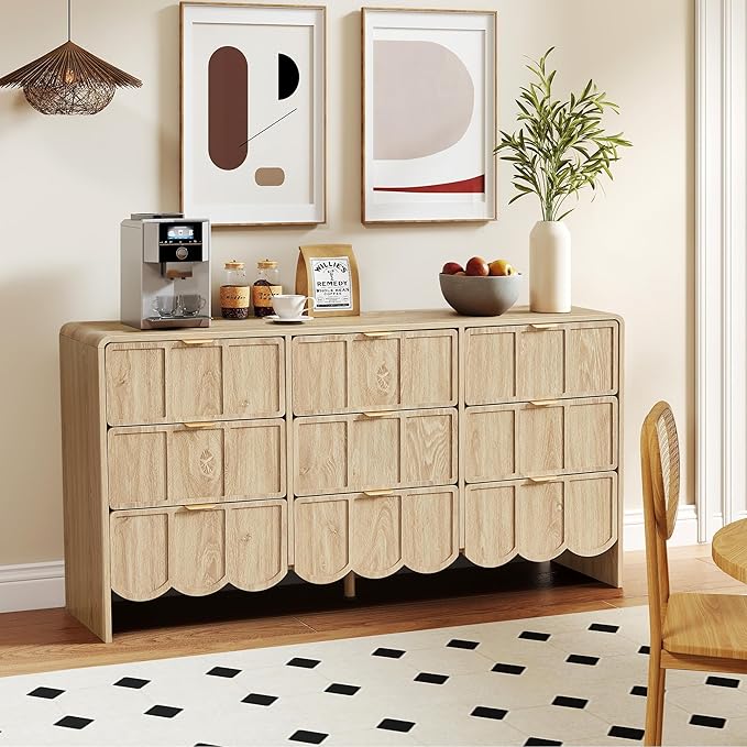 9 Drawer Dresser for Bedroom, Modern Closet Chest of Drawers with Wave Fluted Drawer, Wood Storage Small Dresser Organizer for Nursery Bedroom Living Room Hallway Closet (Natural)