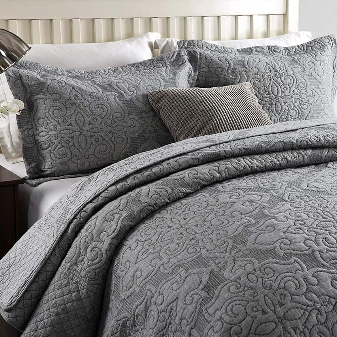 Travan 3-Piece King Quilt Set Quilted Bedspread Oversized Microfiber Lightweight Bedspread Coverlet Set with Shams Bedding Set for All Season, Grey, King