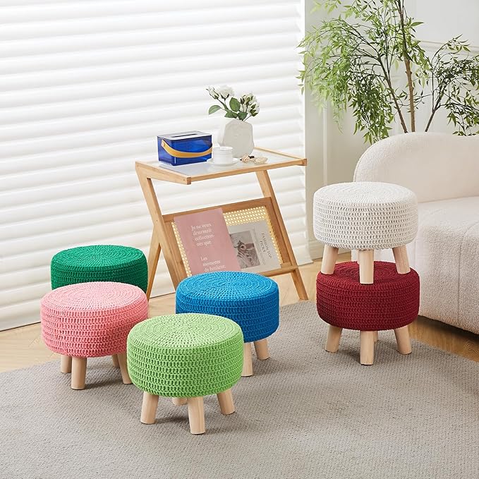 Wimarsbon Pouf Ottoman, 100% Cotton Knitted Boho Footstool, Round Footrest with Non-Skid Wood Legs, Home Décor Handmade Pouffe, Leisure Floor Step Stool for Living Room (Matcha)