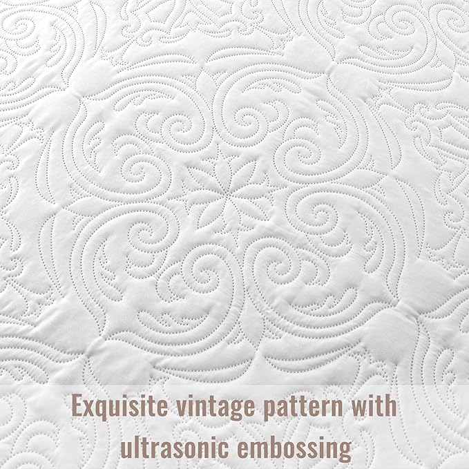 Exclusivo Mezcla Quilts King Size Bedspread with 2 Pillow Shams, Lightweight White King Quilt Bedding Set with Vintage Damask Pattern, Soft Bedspreads Coverlets for All Seasons