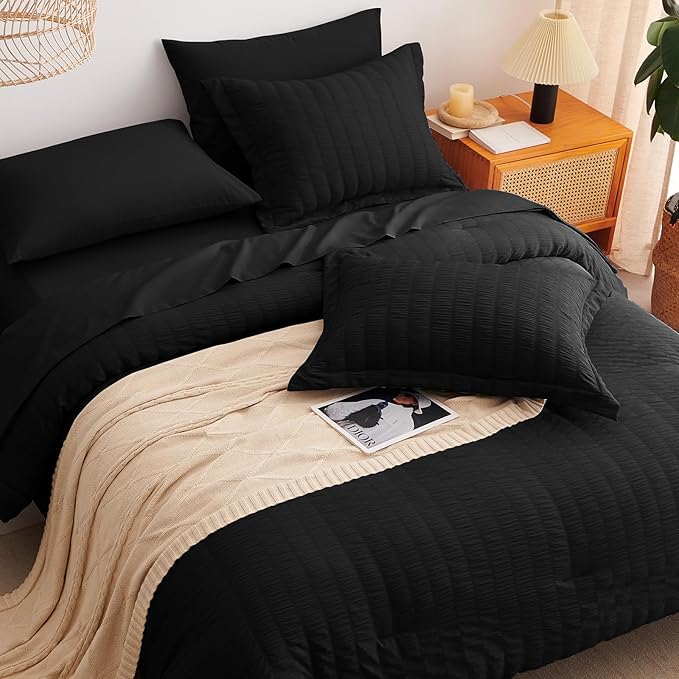 CozyLux Oversized Queen Comforter Set Black Seersucker 7 Pieces Bed in a Bag Queen Comforter Set with Sheets, Luxury Soft Bedding Set with Down Alternative Comforter, Sheets, Pillowcases & Shams