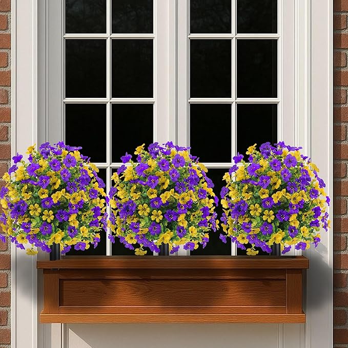 22.8" Set of 2 Fall Artificial Boxwood Topiary Ball with Spikes,UV Resistant Fake Outdoor shrubs with Violet Flowers, Faux Plants Bushes for Garden Front Porch Yard Patio Decor (Yellow+Purple)