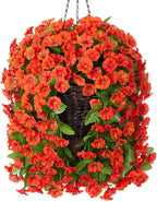 Artificial Fake Hanging Flowers Plants Baskets for Outdoor Fall Decoration, Faux Silk Orange Morning Glory in Planter UV Resistant Look Real for Home Porch Patio Balcony Yard Decor