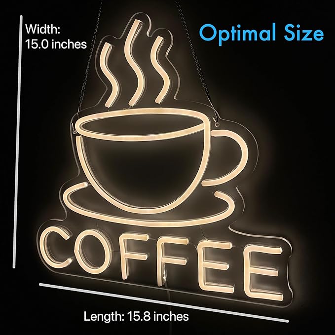 COFFEE Neon Sign in Warm White for Café, Restaurant, or Office Decor – Minimalist LED Wall Light – USB Powered Light-Up Coffee Sign for Business or Home