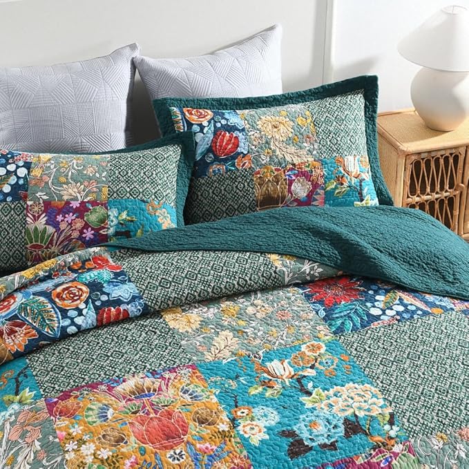 ENASAL Cotton Bedspread Quilt Sets Reversible Bedding Coverlet Sets Comforters, Patchwork Vintage Floral Turquoise Bedspread, Queen Size