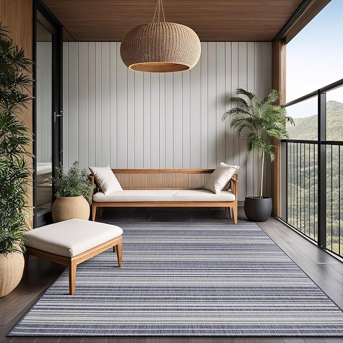 Stripe Outdoor Rug 5x7 Washable Outside Carpet for Indoor Patio Porch Waterproof Easy Cleaning Non Shedding Area Rugs Blue 5 x 7