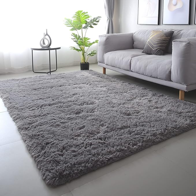 Grey Shag Rugs for Bedroom 5x7: Soft Shag Plush Area Rug for Living Room - Fuzzy Modern Gray Non-Skid Shaggy Carpet for Boys Kids Playroom Dorm