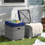 Patiorama 2 Piece Outdoor Patio Ottomans,All-Weather Grey PE Rattan Wicker Ottoman with Storage,Outdoor Footrest Footstool Seat w/Thick Cushion,Built-in Handle for Backyard Poolside Porch (Navy Blue)