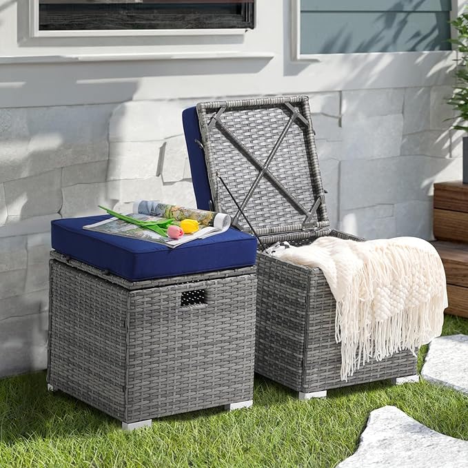 Patiorama 2 Piece Outdoor Patio Ottomans,All-Weather Grey PE Rattan Wicker Ottoman with Storage,Outdoor Footrest Footstool Seat w/Thick Cushion,Built-in Handle for Backyard Poolside Porch (Navy Blue)