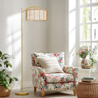 Oneach 62.5'' Arc Floor Lamp for Living Room, Rattan Boho Floor Lamp with Gold Metal Base, Double Shades, Farmhouse Rustic Modern Standing Lamp for Bedroom Office Corner