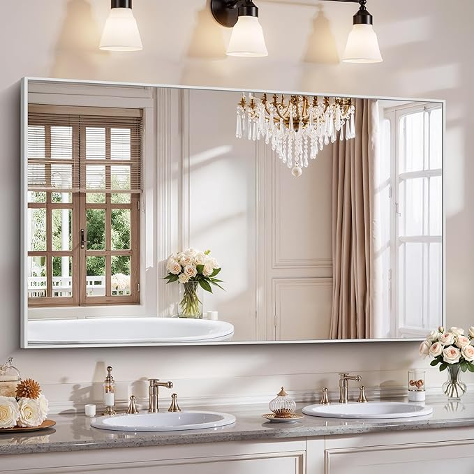 YIROMAN Bathroom Mirror 60"x36", Large Brushed Silver Bathroom Mirror for Over Sink with Aluminum Frame, Rectangular Vanity Mirror with Right Angle, Wall Mirror Hangs Horizontal or Vertical