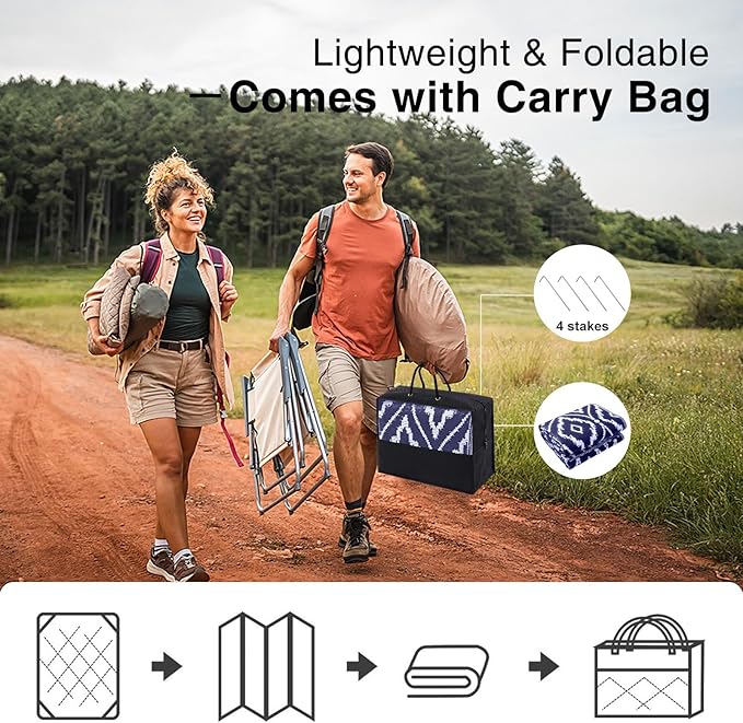 OLANLY Outdoor Rug 9x12 ft Waterproof, Outdoor Plastic Straw Rug with Geometric Pattern Clearance, Reversible RV Mat for Patio, Camping, Balcony, Deck, Backyard, Navy & White