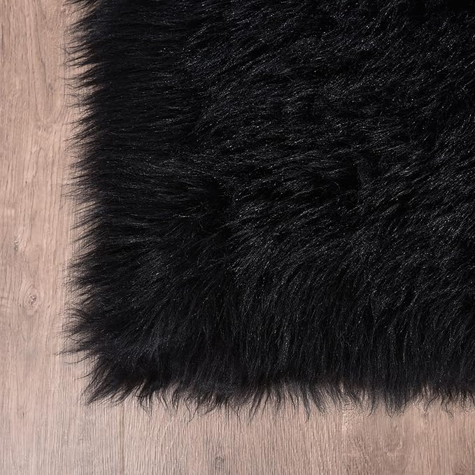 Goolela Black Area Washable Shag Faux Fur Fluffy Plush Rug for Living Room Fuzzy Sheepskin for Bedroom, Rectangle 8x10