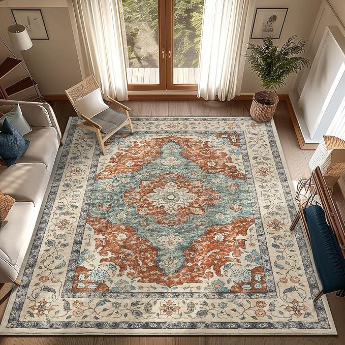 Topllen Washable Area Rug - Area Rug 6'x9' Boho Soft Living Room Rug, Non-Slip Large Area Rugs Indoor for Dining Room Livingroom Bedroom, Vintage Rug (Rust, 6x9ft)