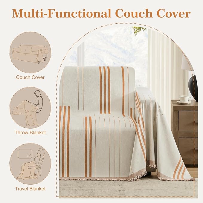 Boho Couch Cover Washable Sectional Couch Covers for Dogs Reversible Sofa Slipcover for 2 or 3 Cushion Couch Pet Friendly Furniture Protector (2# Orange, 91" x 118")
