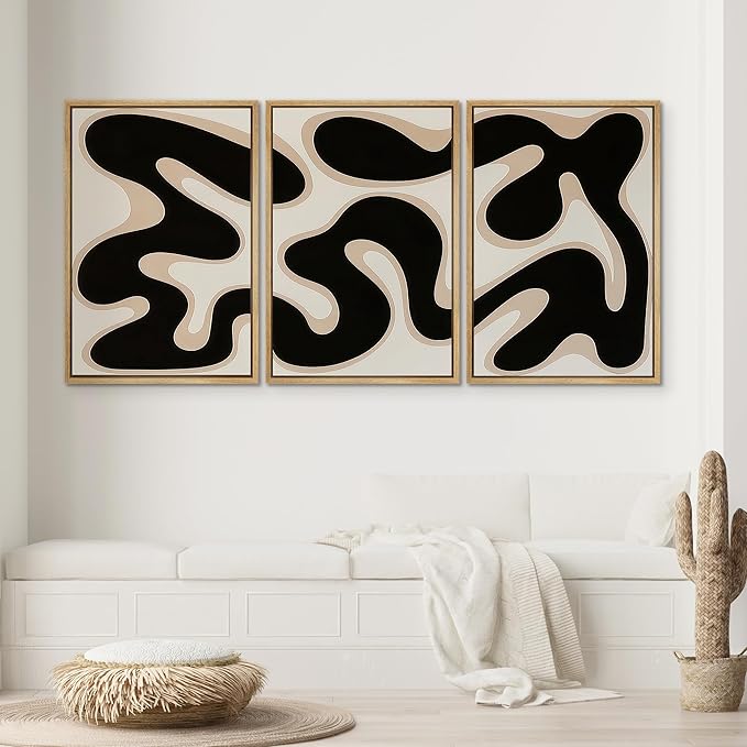 SIGNWIN Framed Canvas Print Wall Art Modern Abstract Organic Shapes Black and Beige Fluid Pattern Photography Modern Art Minimalist for Living Room, Bedroom, Office - 16"x24"x3 Natural