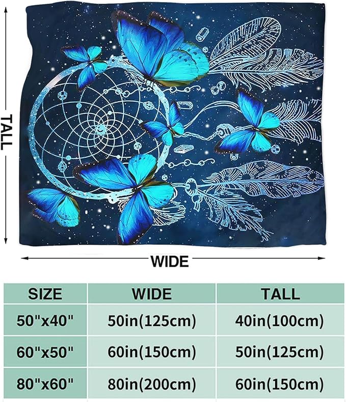 Blue Butterfly Blanket for Womens Girls Dream Catcher Throw Blanket Gifts for Kids Boys Soft Warm Cozy Flannel Blanket for Couch Sofa Bed 40"x50"