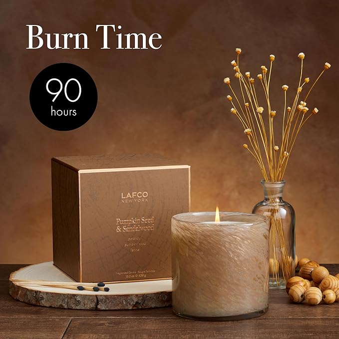 LAFCO New York Holiday Signature Fall Candle, Pumpkin Seed & Sandalwood - 15.5 oz - 90-Hour Burn Time - Reusable, Hand Blown Glass Vessel - Made in The USA