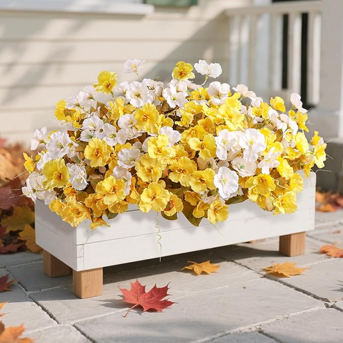 Fall Flowers Fake Flowers Mums for Outdoors Autumn Decoration, 6 Bundles Artificial Flowers Faux Silk Plants Realistic UV Resistant for Outside Planter Patio (Fall Yellow White)