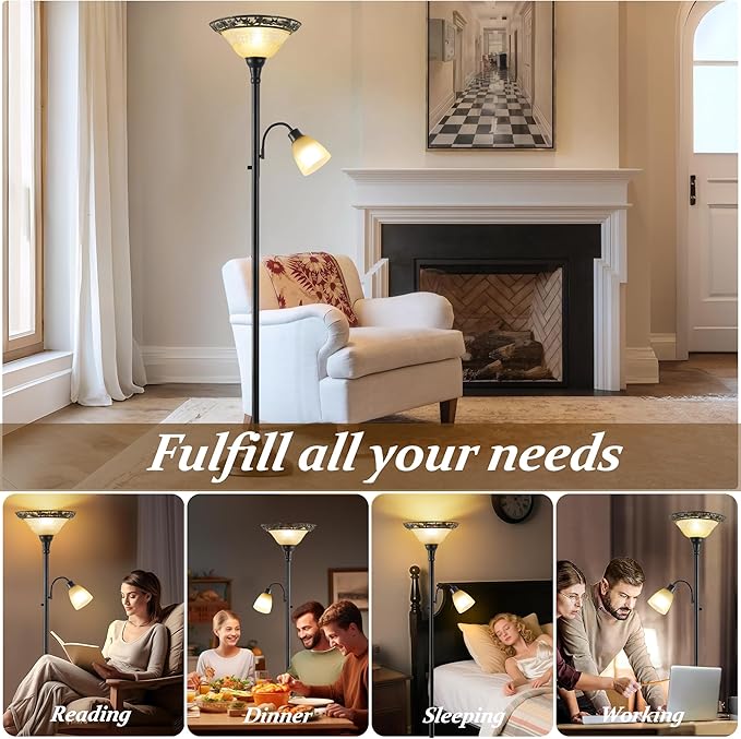 Torchiere Floor Lamps for Living Room, 70" Lamps for Living Room with Etched Glass Shade, Metal Pole & Heavy Base, Vintage Standing lamp Decor for Bedroom, Living Room, Office