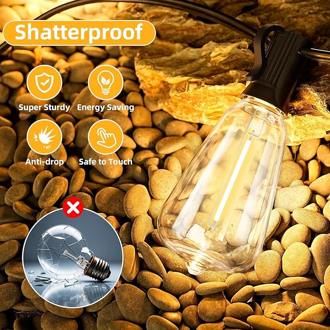 ST38 50FT LED Outdoor String Lights with 25+2 Spare Bulbs, E12 Socket, 2700K Warm White-for Backyard, Wedding, Camping, Porch, Deck, Gazebo, Bistro Decor