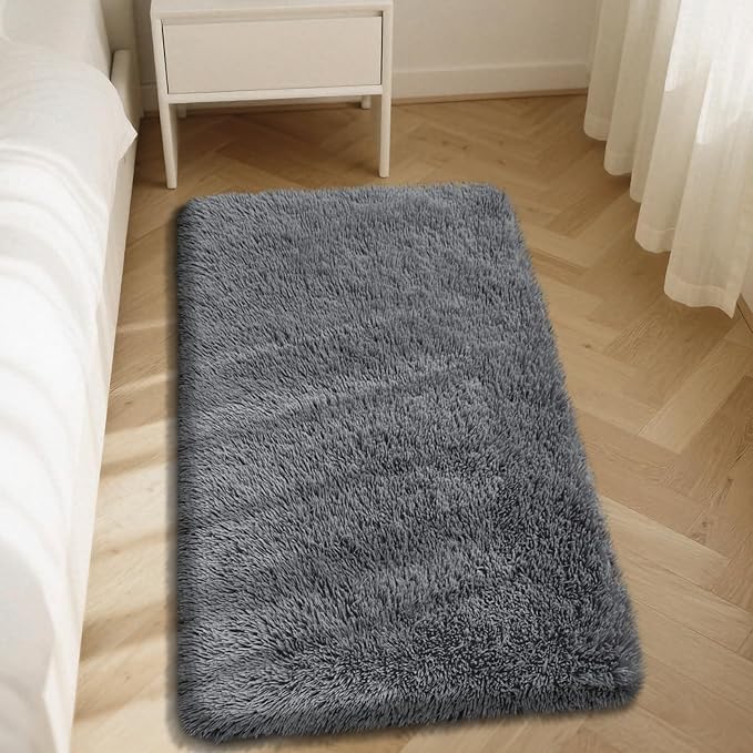 Fluffy Rug Shaggy Area Rug, Dark Grey 3x5 Area Rugs for Bedroom, Small Bedside Rug, Soft Fluffy Shaggy Entryway Throw Rugs for Living Room Bedroom Kids Room Home Decor