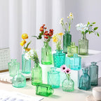 Yaomiao 30 Pcs Vases Bulk Colored Flower Glass Vases Bud Vintage Colored Glass Bottles Colorful Rustic Embossed for Home Wedding Table Decorations Gifts(Green Series)