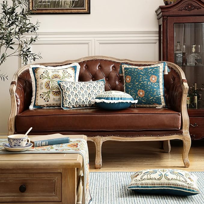 patdrea Designer Throw Pillow Covers Set of 4,French Vintage Blue Linen with Floral Collection Pattern Pillow Cover,Decorative Rectangle and Square Pillowcases Cushion for Bed Living Room Outdoor