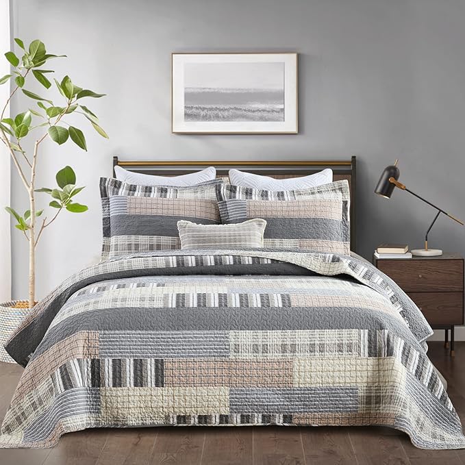 Y-PLWOMEN Quilts Queen Size - 100% Cotton Brown Grey Queen Quilt Farmhouse Plaid Quilted Bedspread, 3 Pieces Lightweight Reversible Queen Size Quilt Bedding Set for All Season
