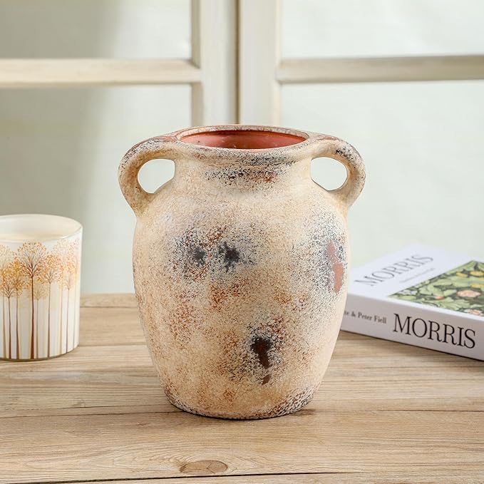 Enra Rustic Farmhouse Vase with Handle,7.8 Inch Pottery Decorative Flower Vase for Home Decor,Large Vintage Terracotta Vase for Table, Living Room, Bathroom Decoration, Shelf Decor, Mantel
