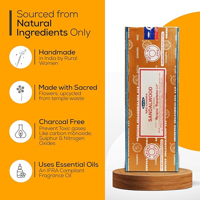 Satya Sandalwood Incense Sticks 250 gm Pack, Insenses with Raajsee Insence Holder Bundle, Nag Champa Natural Incense