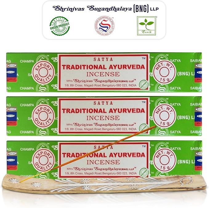 Satya Traditional Ayurveda Incense Sticks, Satya Bng (Bangalore) Insenses 15gmx3 Pack with Raajsee Incense Holder Bundle, Satya Nagchampa Natural Incense