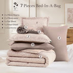 Full Comforter Set -7 Pieces Botanical Almond Pink Comforter Set for All Seasons, Bed in a Bag Full with Flowers Floral Comforter, Sheets, Pillowcases & Shams