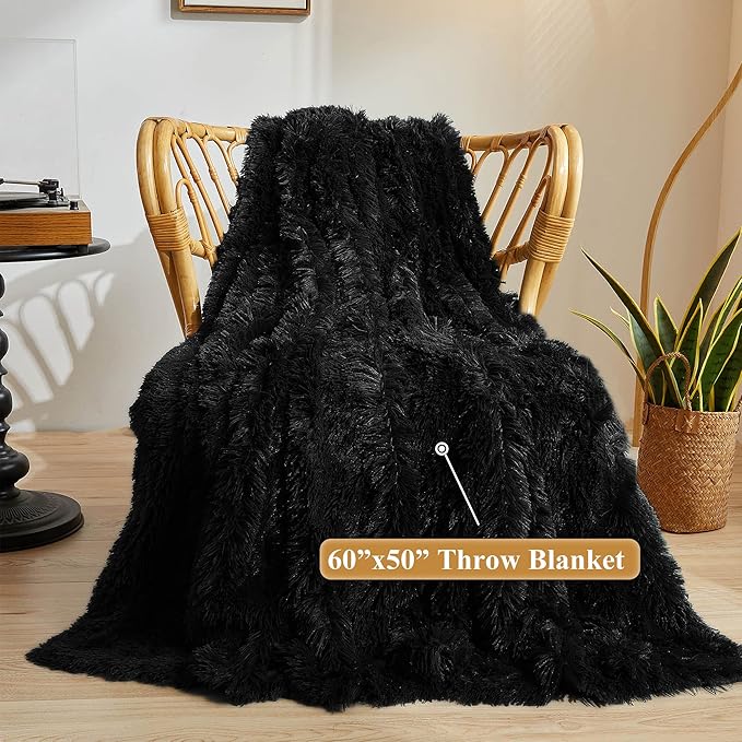 XeGe Luxury Faux Fur Throw Blanket, Black Soft 50x60 Fluffy Blanket Throw, Shaggy Plush Decorative Couch Blanket, Cute Furry Bed Throw Fuzzy Lap Blanket for Kids Women Men Teen Girls Black