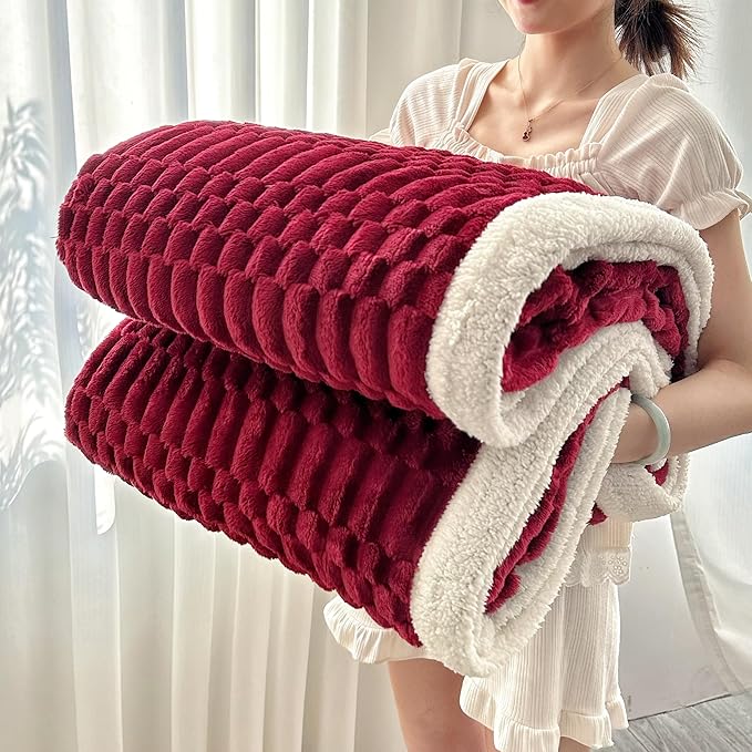 UKELER Sherpa Bed Blanket 80 × 90 inch, Ultra Soft Queen Size Throw Blanket for All Season, 470 GSM Cozy Plush Striped Fleece Blankets for Bedroom Living Room Dorm Hostel Sofa Camping, Red