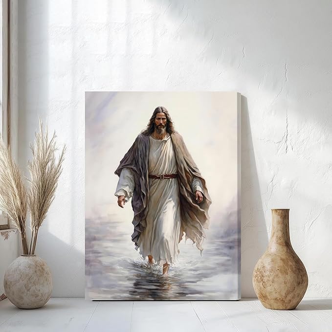 Fantasy Artists Unframed Jesus Christ Wall Art Jesus Walking On Water Canvas Wall Decor Christian Painting Prints Biblical Religious Room Decor for Church Prayer Room Christian School 16" x 24"
