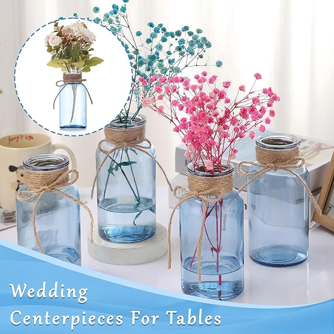 Blue Glass Flower Vases for Centerpieces Set of 12, Mason Jars Boho Cylinder Bud Vases in Bulk, for Weddings Parties Vintage Home Decor