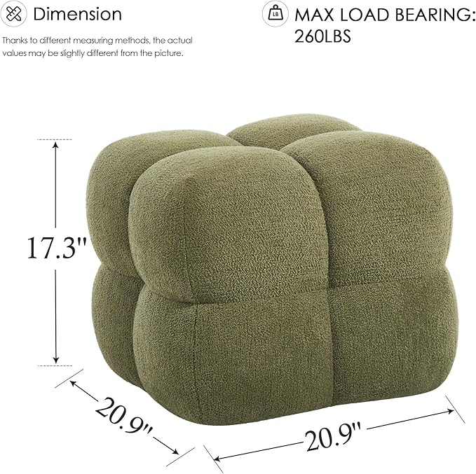Zesthouse Square Pouf Ottoman Footstool, Modern Ottoman Coffee Table for Living Room, Poofy Boucle Stool Foot Rest, Upholstered Tufted Stool for Couch, Cube Vanity Chair Backless for Bedroom, Green