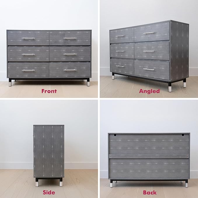 Grey Dresser for Bedroom, 6 Drawer Wood Dresser with Modern Storage Organizer, Wide Chest of Drawers for Clothes, Closet, Living Room
