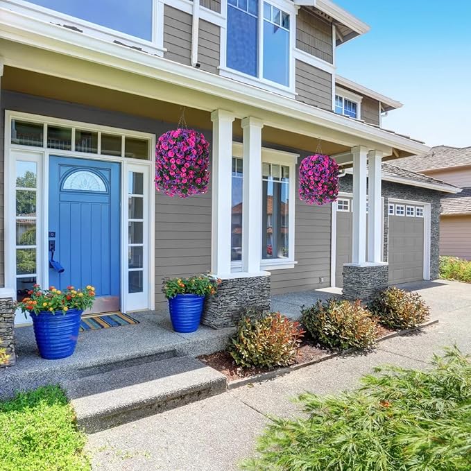 HyeFlora Artificial Fake Hanging Flowers Plants for Outdoor Outside, 2PCS Faux Silk Morning Glory Trailing Vines UV Resistant Look Real for Home Planter Porch Patio (Dark Purple and Fuchsia)