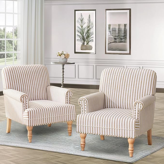 HUIMO Linen Fabric Accent Chairs Set of 2, Mid-Century Modern Armchair with Solid Wood Legs, Single Sofa Chair,Upholstered Reading Club Chair (2, Brown and White Stripe)