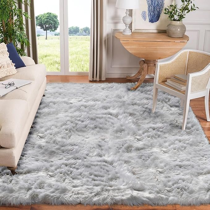 Goolela Grey Rug 9x12 Faux Sheepskin Fur Rug Fluffy for Bedroom Living Room Fuzzy Furry Soft Shaggy Washable Large Rectangle